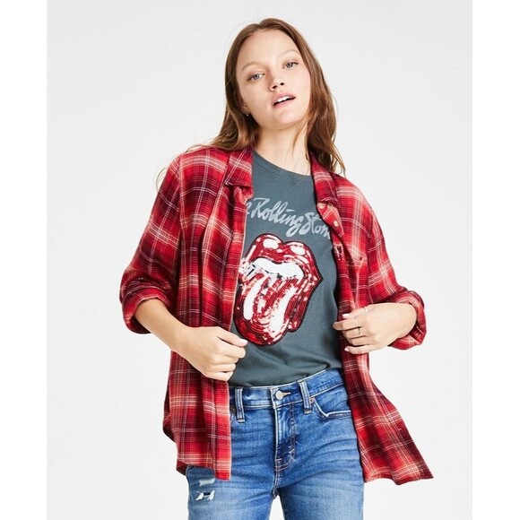 Lucky Brand Women's Cloud Soft Plaid Relaxed Boyfriend Button down Shirt Red XS - Picture 3 of 9